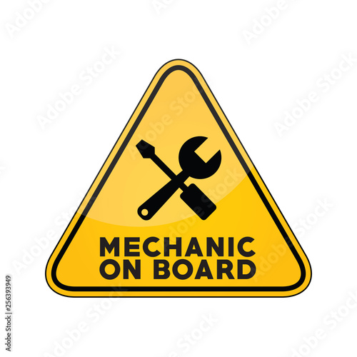 Mechanic on board yellow car window warning sign
