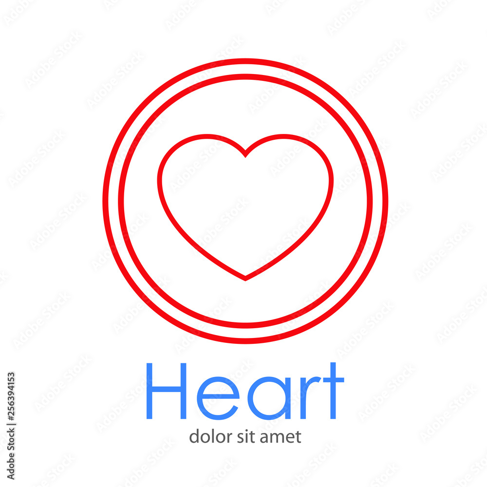 Logotipo abstracto con texto Heart con círculo con corazón lineal en color rojo