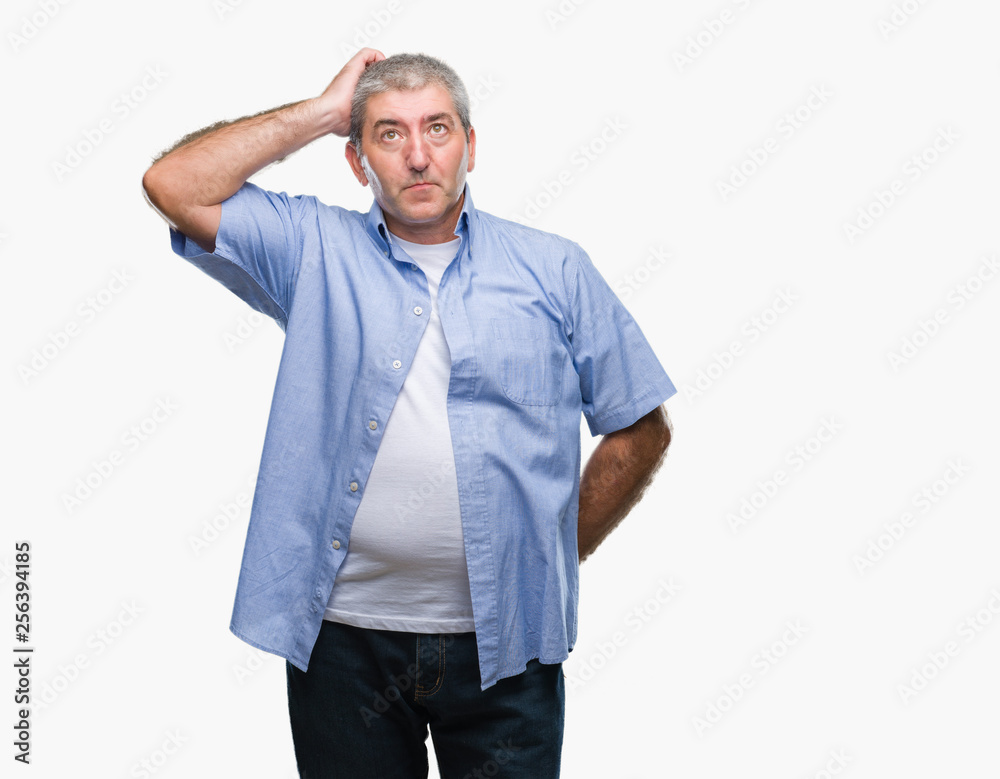 Handsome senior man over isolated background confuse and wonder about question. Uncertain with doubt, thinking with hand on head. Pensive concept. Handsome senior man over isolated background confuse and wonder about question. Uncertain with doubt, thinking with hand on head. Pensive concept.