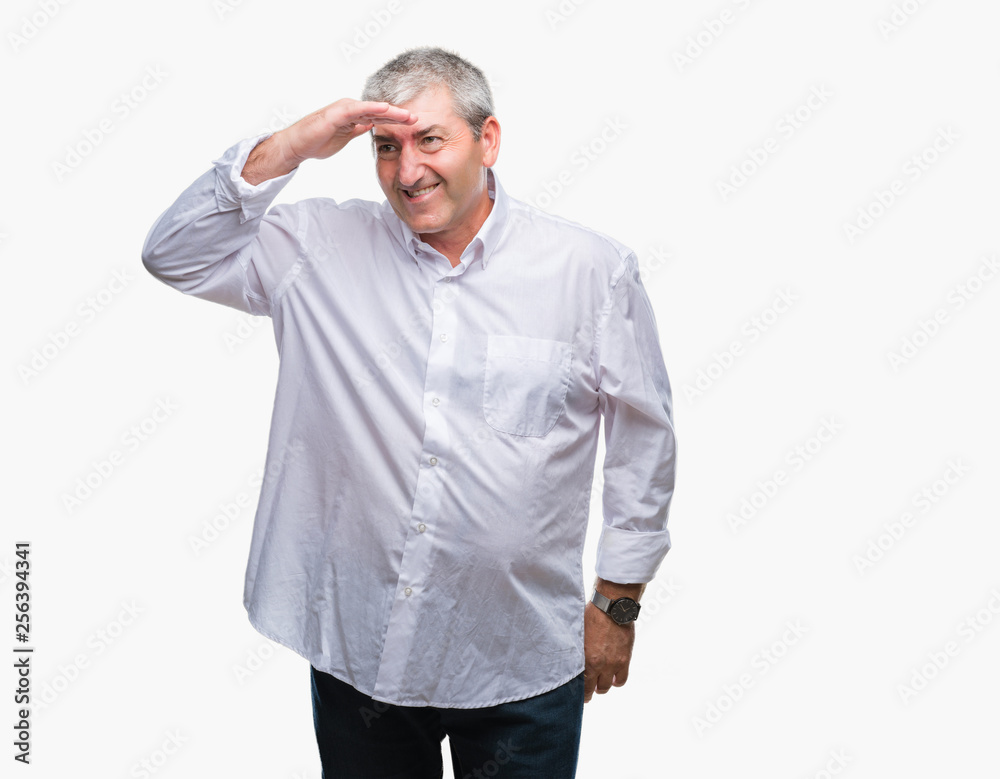 Handsome senior man over isolated background very happy and smiling looking far away with hand over head. Searching concept. Handsome senior man over isolated background very happy and smiling looking far away with hand over head. Searching concept.