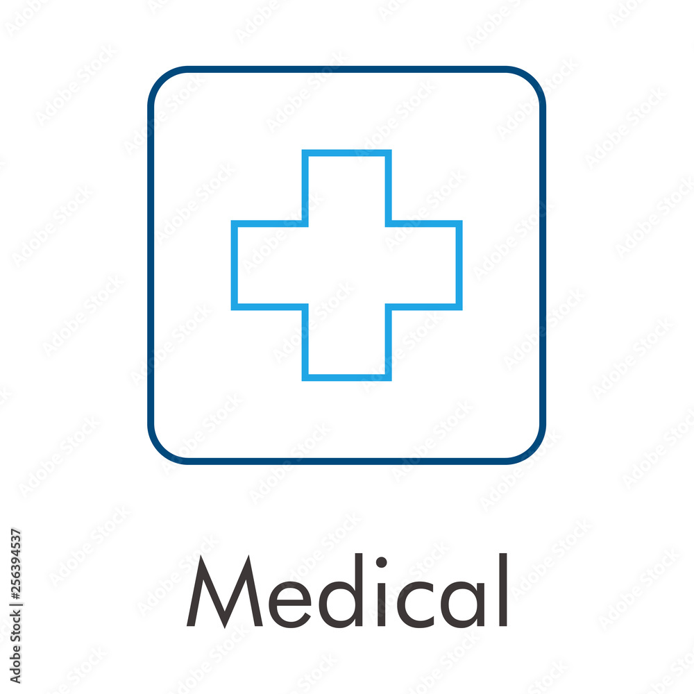 Logotipo abstracto con texto Medical con cruz en cuadrado lineal en color azul Logotipo abstracto con texto Medical con cruz en cuadrado lineal en color azul