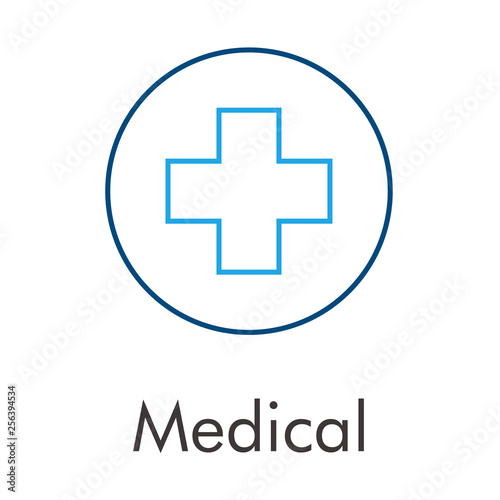 Logotipo abstracto con texto Medical con cruz en círculo lineal en color azul