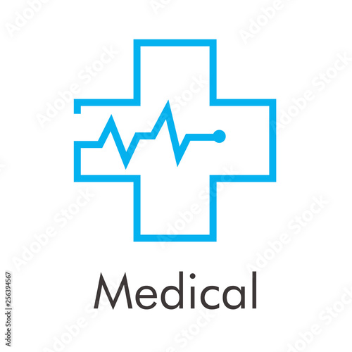 Logotipo abstracto con texto Medical con cruz lineal con latido en color azul