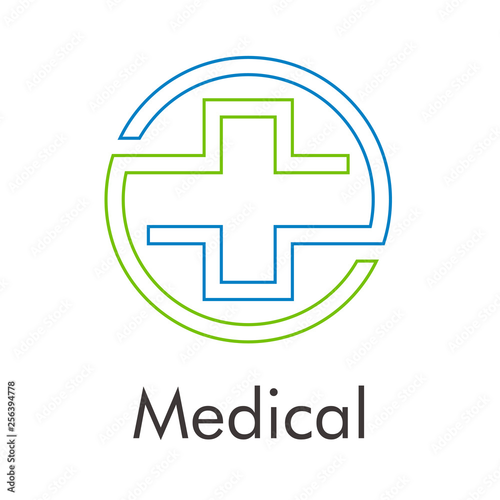 Obraz premium Logotipo abstracto con texto Medical con cruz lineal en circulo en verde y azul