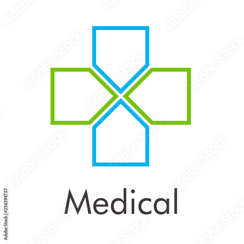Logotipo abstracto con texto Medical con cruz lineal dividida en azul y verde