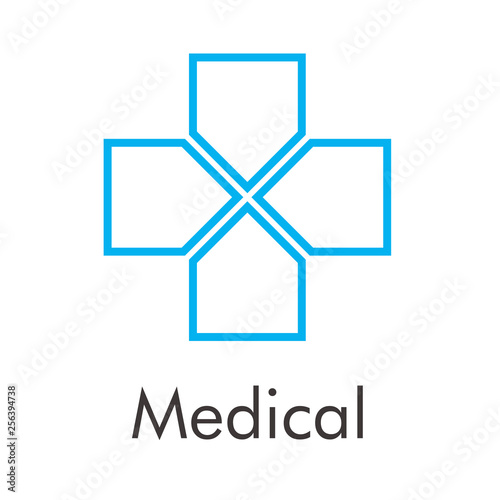 Logotipo abstracto con texto Medical con cruz lineal dividida en color azul