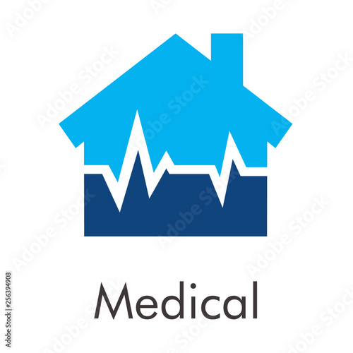 Logotipo abstracto con texto Medical con casa dividida por línea de latido en color azul