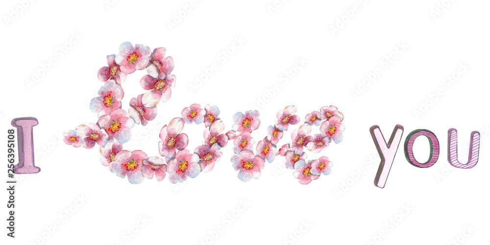 I love you“ made of hand painted  sakura blossom and letters in watercolor on a white  background.