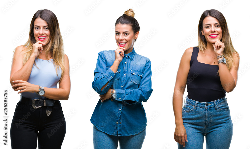 Obraz premium Collage of young beautiful woman over isolated background looking confident at the camera with smile with crossed arms and hand raised on chin. Thinking positive.
