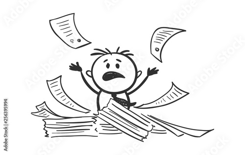 Blockage at work. Vector illustration, funny man and many documents.