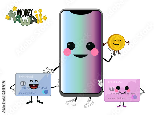 Cute kawaii vector illustration of cartoon characters: modern smartphone with credit cards, holding golden coin isolated on white. Concept of modern paying methods.