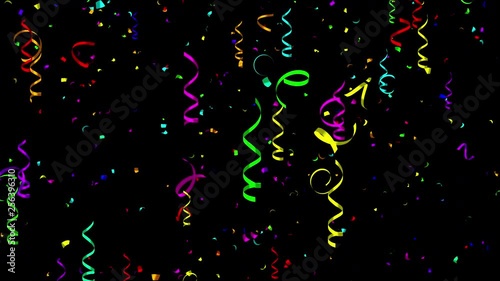 Holiday, carnival, festive, design element for celebration. Falling decoration, colorful curly ribbons, bright serpentines and streamers with Alpha channel. Looped 4K motion graphic.