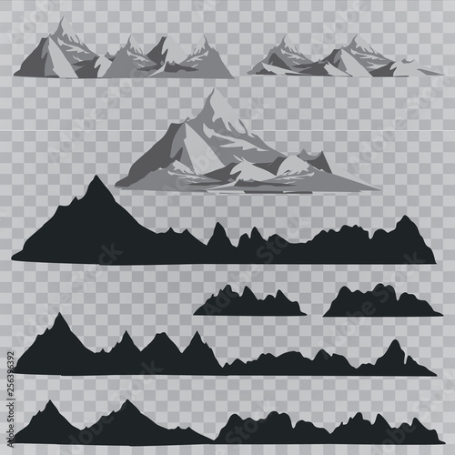 Mountains silhouettes on the white background. Vector set of outdoor design elements.