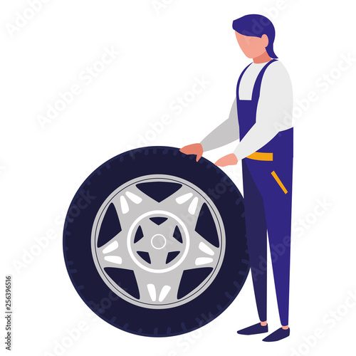 mechanic worker with tire car