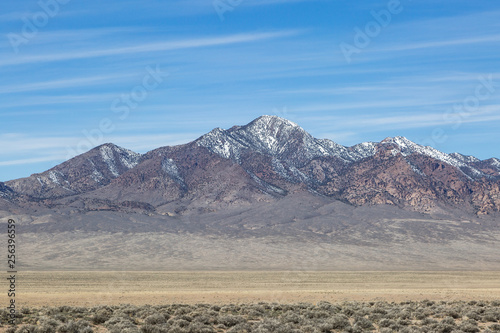 A snowcapped mountain along the Extraterrestrial Highway in remote Nevada