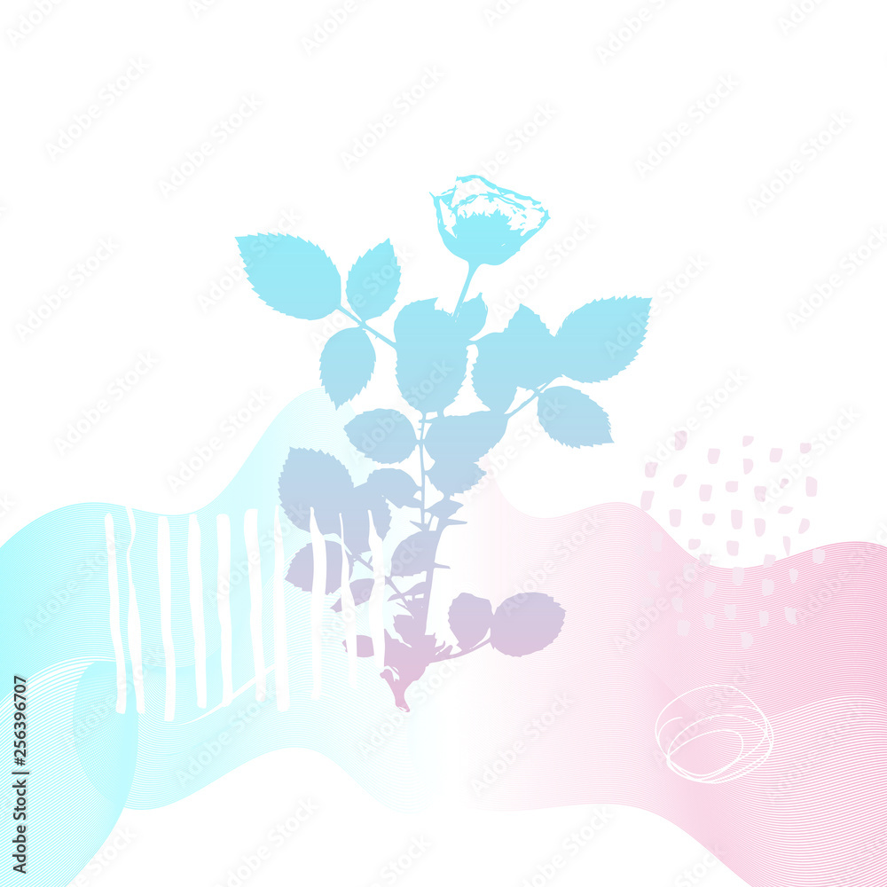 Abstract floral botanical background. Realistic herbs, flowers, plants in pastel colors with doodles , texture and gradient ribbon in pastel colors on white background. Abstract floral botanical background. Realistic herbs, flowers, plants in pastel colors with doodles , texture and gradient ribbon in pastel colors on white background.