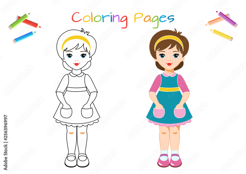 Funny little paper doll, girl. Coloring book. Educational game for children. Cartoon vector illustration Funny little paper doll, girl. Coloring book. Educational game for children. Cartoon vector illustration