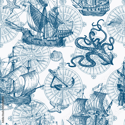 Old caravel, vintage sailboat, sea monster. Vector seamless pattern