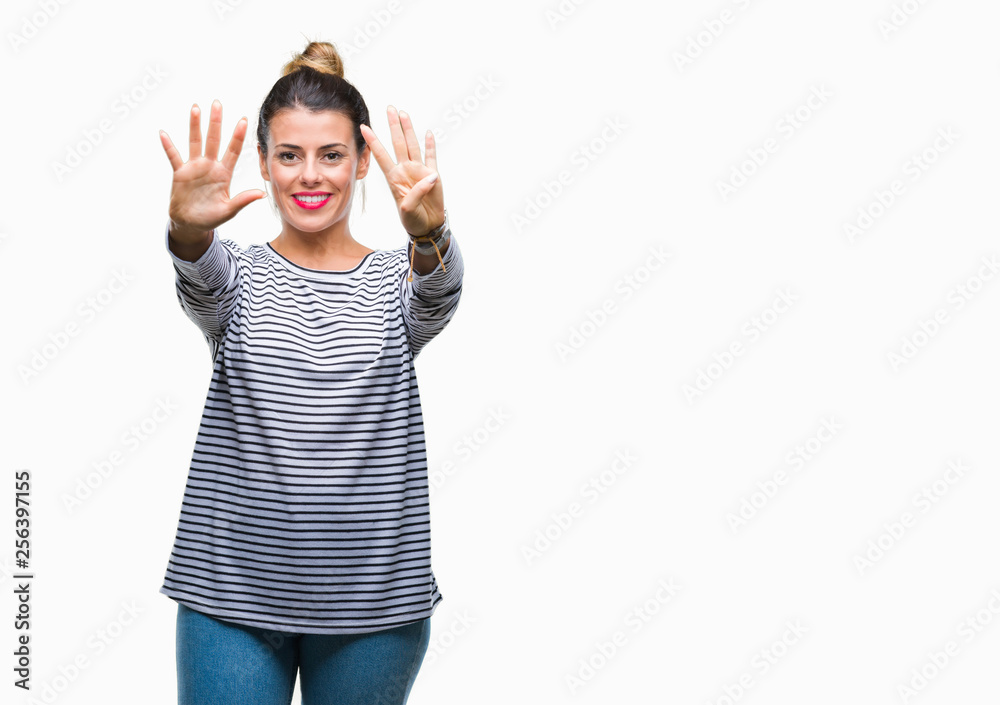 Young beautiful woman casual stripes sweater over isolated background showing and pointing up with fingers number nine while smiling confident and happy. Young beautiful woman casual stripes sweater over isolated background showing and pointing up with fingers number nine while smiling confident and happy.