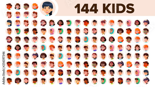 Kids Avatar Set Vector. Girl, Guy. Multi Racial. Face Emotions. Multinational User People Portrait. Male, Female. Ethnic. Icon. Asian, African, European, Arab. Flat Illustration