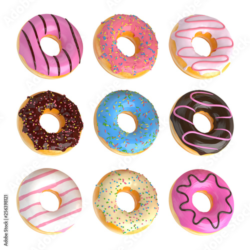 Set of cartoon colorful donuts isolated on white background. Doughnuts collection into glaze for menu design, cafe decoration, delivery box. 3d-illustration.