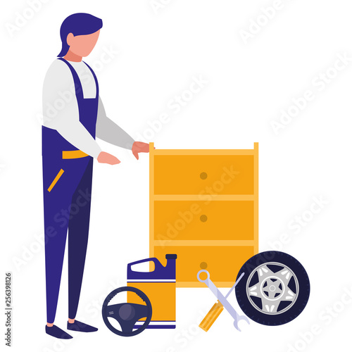 mechanic worker with tire car and oil gallon