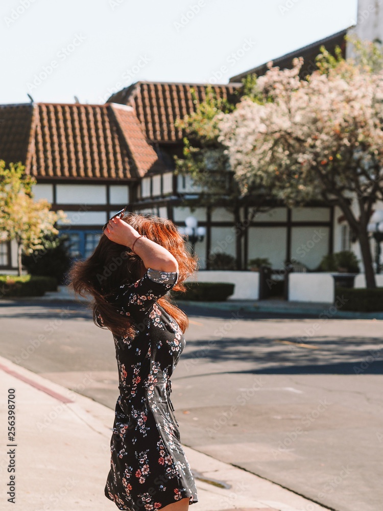 Portrait of a brunette girl with long hair and a black dress on the streets of Sunny Solvang, similar to Denmark