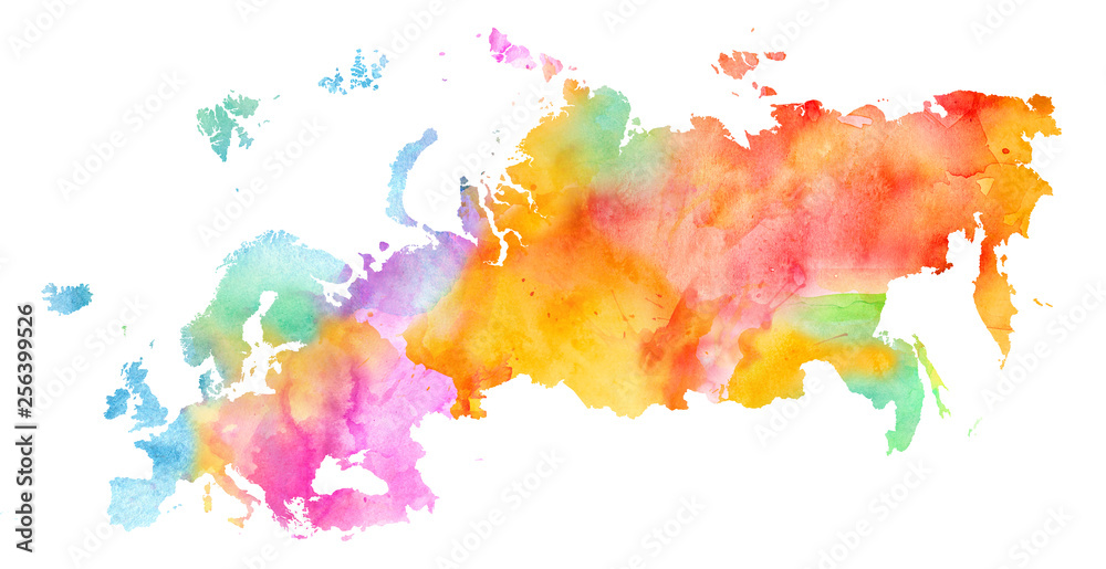 Multicolor Watercolor Europe Map on white Background, Side View.