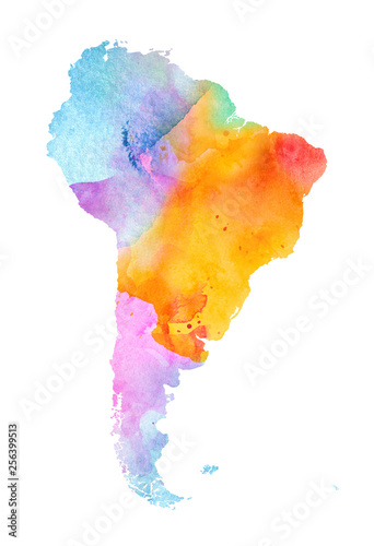 Multicolor Watercolor South America Map on white Background, Side View.