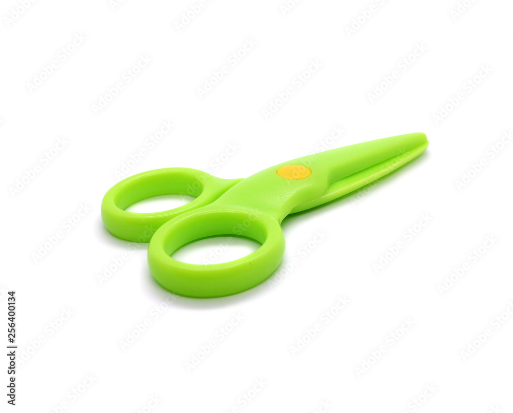 Scissors baby small closed plastic isolated on white background. Scissors baby small closed plastic isolated on white background.