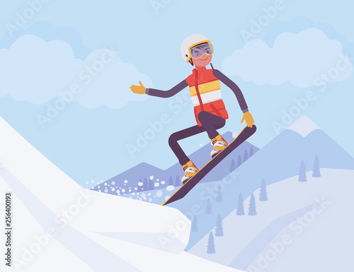Active sporty man riding on a snowboard, jumping, enjoy winter outdoor fun on ski resort with snowy nature and mountain view, wintertime tourism and recreation. Vector flat style cartoon illustration