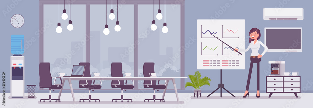 Meeting room in a business center office and female manager. Modern conference hall, preparation for formal event, corporate consultation or employee discussion. Vector flat style cartoon illustration - obrazy, fototapety, plakaty 