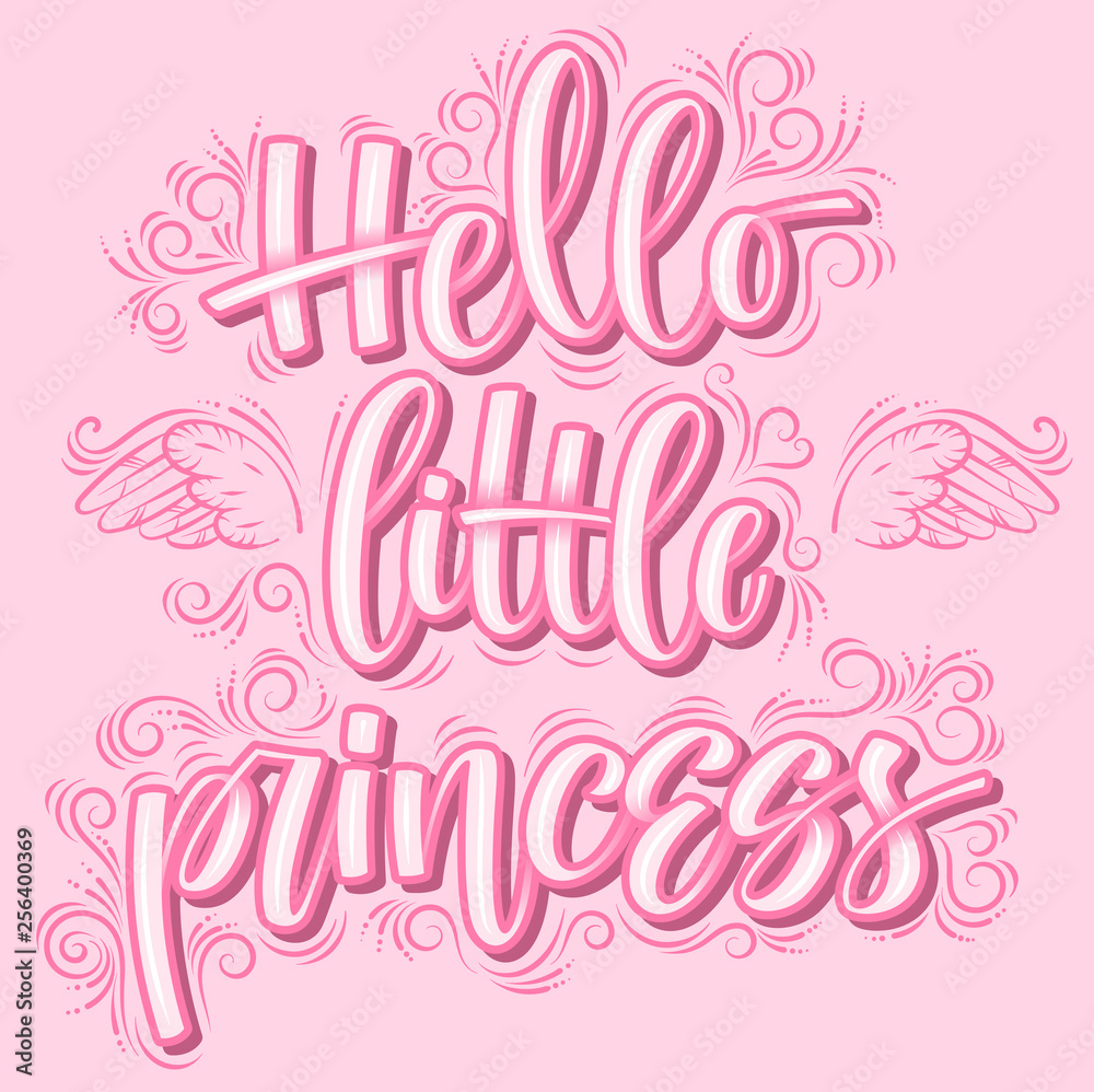 Handwritten calligraphy phrase  little princess with angelic wings and crown decorations pink cute background vector illustration