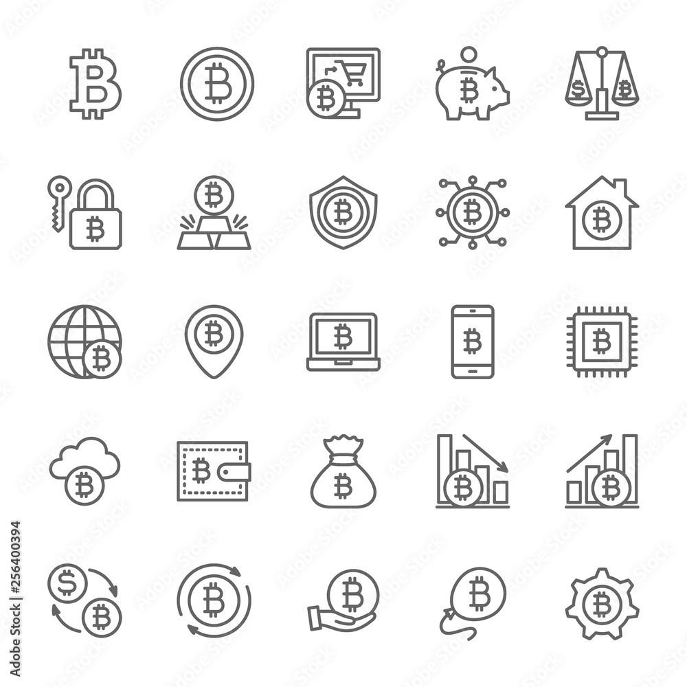 Set of Bitcoin and Cryptocurrency Line Icons. Pack of 48x48 Pixel Icons Set of Bitcoin and Cryptocurrency Line Icons. Pack of 48x48 Pixel Icons