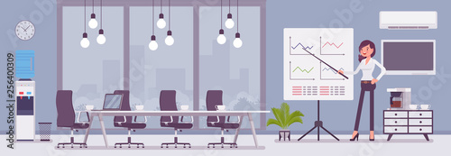 Meeting room in a business center office and female manager. Modern conference hall, preparation for formal event, corporate consultation or employee discussion. Vector flat style cartoon illustration