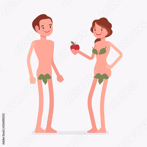 Adam and Eve Bible first man, woman. Creation myth people with forbidden tree fruit, apple, naked couple, male fall and mankind sin. Vector flat style cartoon illustration isolated on white background