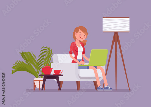 Female employee working from home. Happy freelance worker, self-employed in comfortable remote location workspace, homeworking, career in telecommuting jobs. Vector flat style cartoon illustration