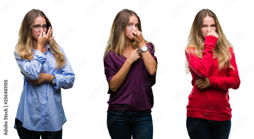 Collage of young beautiful blonde woman over isolated background smelling something stinky and disgusting, intolerable smell, holding breath with fingers on nose. Bad smells concept. Collage of young beautiful blonde woman over isolated background smelling something stinky and disgusting, intolerable smell, holding breath with fingers on nose. Bad smells concept.