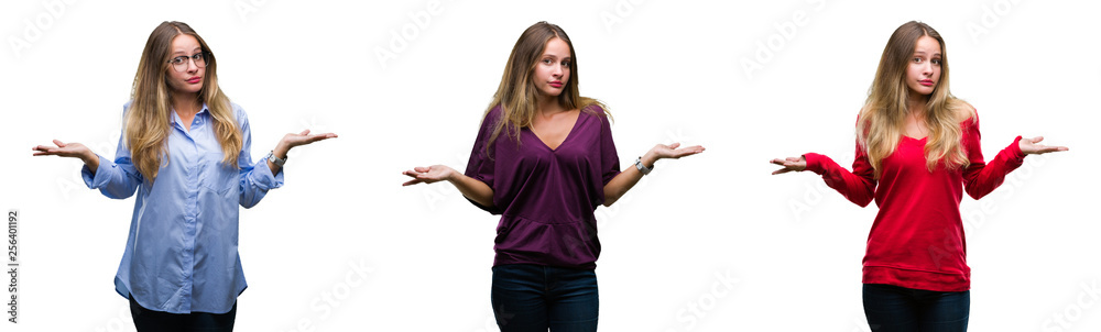 Collage of young beautiful blonde woman over isolated background clueless and confused expression with arms and hands raised. Doubt concept. Collage of young beautiful blonde woman over isolated background clueless and confused expression with arms and hands raised. Doubt concept.