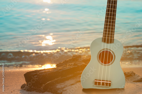 Guitar ukulele on sand beach with clear water and blue sky. Travel and lifestyle Concept.