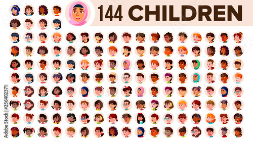 Children Avatar Set Vector. Child Girl, Guy. Multi Racial. Face Emotions. Multinational User People Portrait. Male, Female. Ethnic. Icon. Asian, African, European, Arab. Flat Illustration