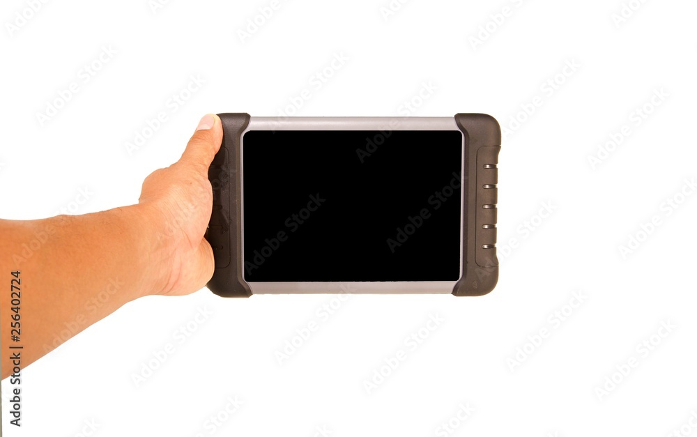 Isolated car diagnostic tools with black blank screen. Isolated handheld computer with black blank screen. Isolated car diagnostic tools with black blank screen. Isolated handheld computer with black blank screen.