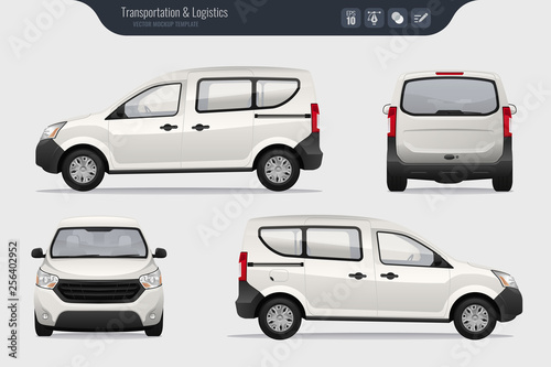 Detailed cargo freight car vector template. Realistic White Cargo Van isolated on grey background. Vector
