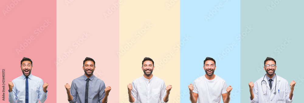Fototapeta premium Collage of handsome man over colorful stripes isolated background celebrating surprised and amazed for success with arms raised and open eyes. Winner concept.