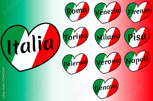 Set of heart shaped Italy flags with inscription of city name in italian: Rome (roma), venice (venezia), florence (firenze), turin (torino), milan(milano), pisa, palermo, verona, naples, genoa.