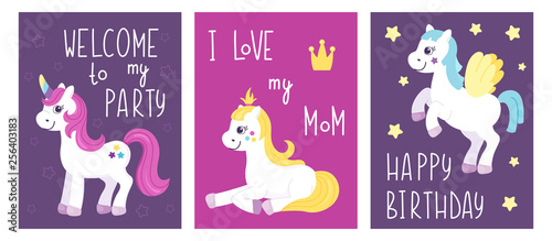 Set of unicorn greeting and invitation party cards. Kids children concept. Vector flat cartoon illustration