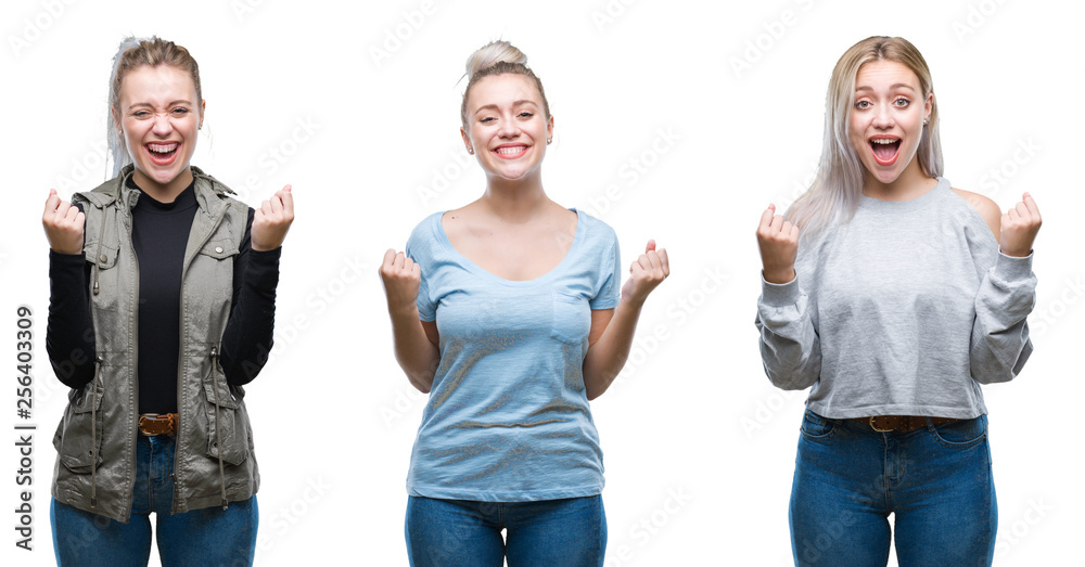 Collage of beautiful blonde young woman over isolated background celebrating surprised and amazed for success with arms raised and open eyes. Winner concept.