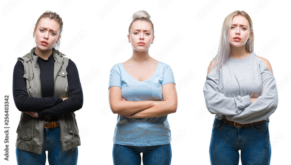 Collage of beautiful blonde young woman over isolated background skeptic and nervous, disapproving expression on face with crossed arms. Negative person.