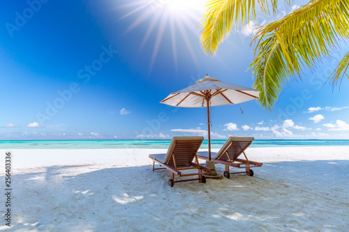 Maldives islands with blue sea water, pretty endless beach, soft white sands, luxury water villa, straight coconut trees, wonderful sunset sunrise scene. Luxury summer vacation concept