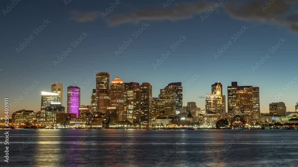 Timelapse of twilights in downtown of Boston, USA. Boats in the Boston Bay Timelapse of twilights in downtown of Boston, USA. Boats in the Boston Bay